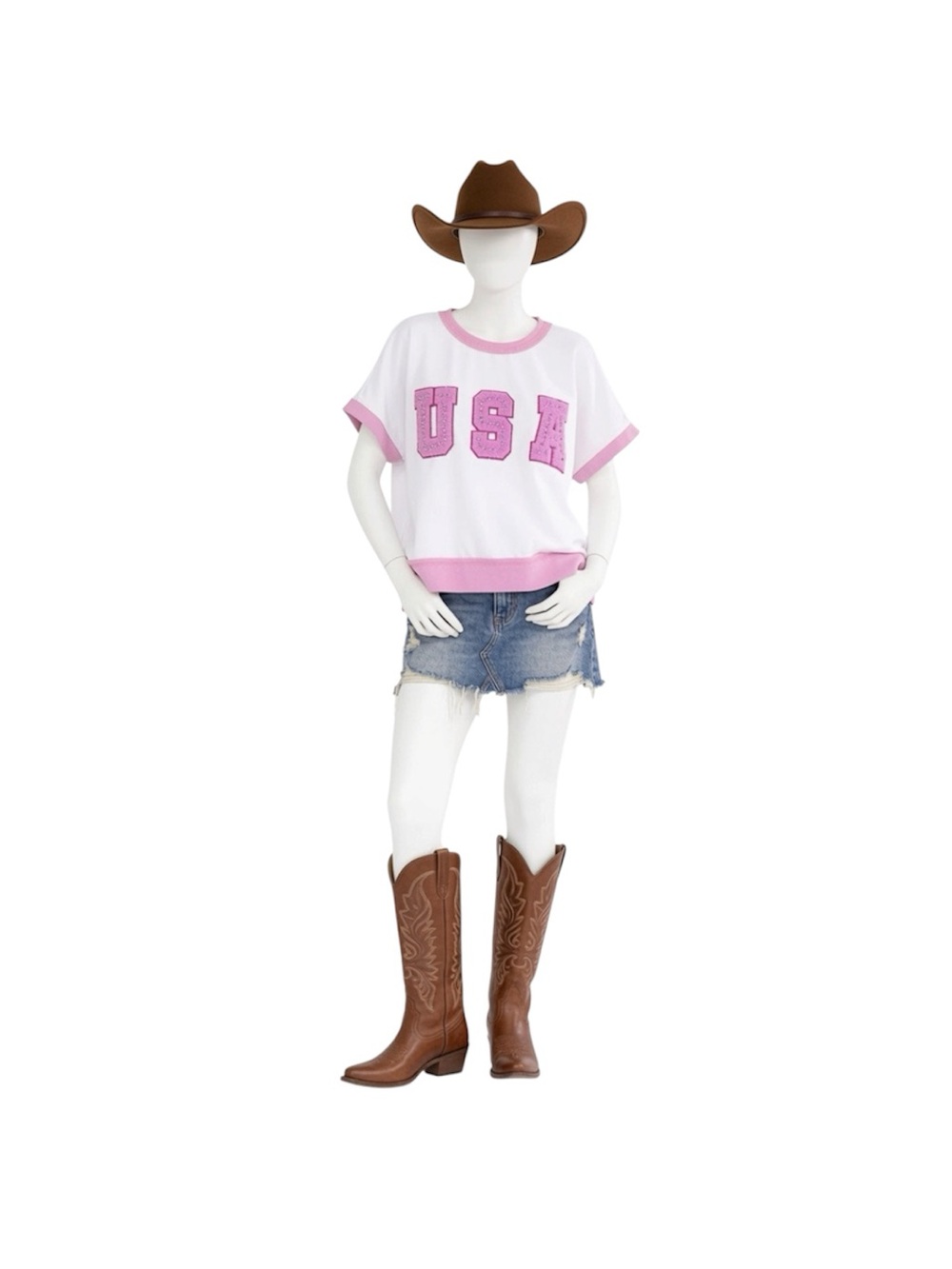 LE LIS pink & white oversized cut patriotic chenille rhinestone USA top XS S M L